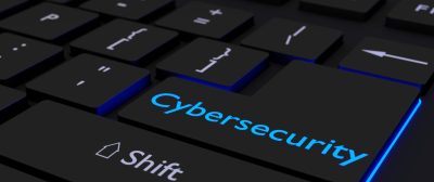 Black keyboard where the enter key is glowing blue showing the word cybersecurity information security concept 3D illustration